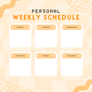 image of a template for a personal weekly schedule with six boxes titled monday, tuesday, wednesday, thursday, friday, and saturday
